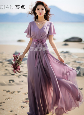 薰衣草紫色连衣裙短袖雪纺长裙收腰显瘦浪漫法式度假裙海边沙滩裙