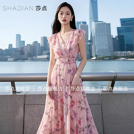2026新款雪纺薄纱连衣裙女夏V领短袖气质海边度假碎花长裙沙滩裙