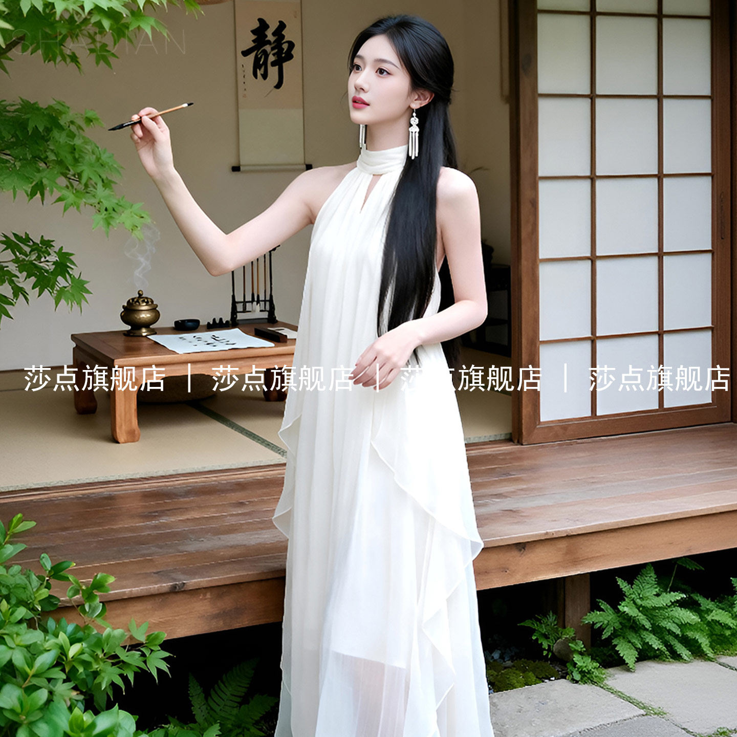 薄纱无袖白色挂脖连衣裙女