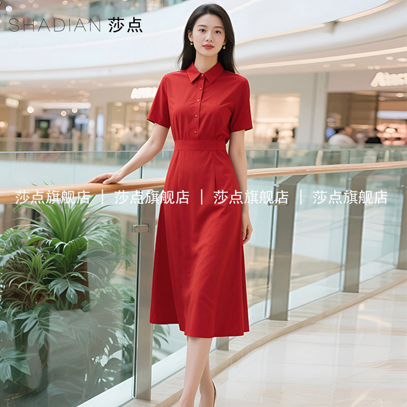 红色薄纱连衣裙女夏短袖气质