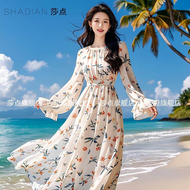 雪纺印花长袖连衣裙女夏2025新款气质海边度假长裙沙滩裙大摆裙