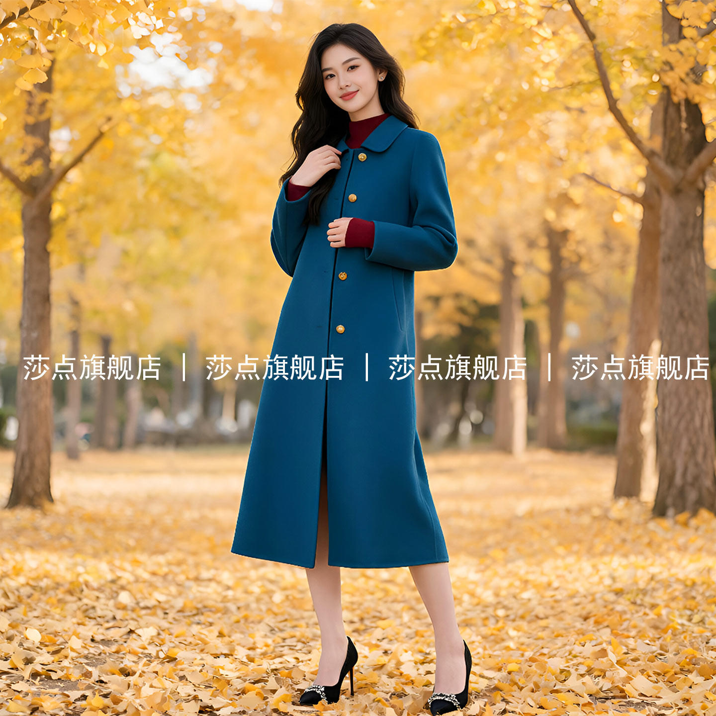 湖蓝色翻领单排扣毛呢外套女
