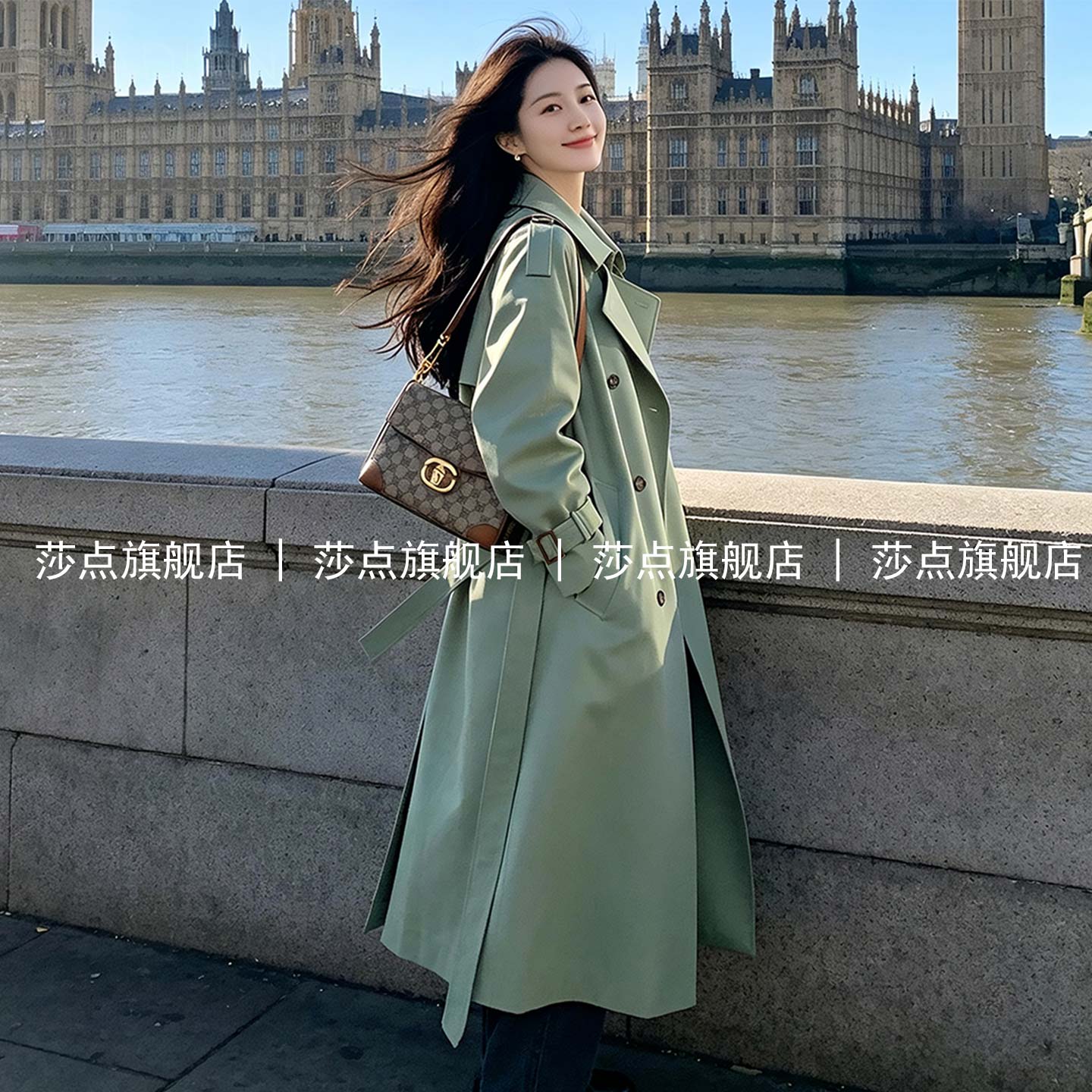 豆绿色西装领休闲风衣女中长