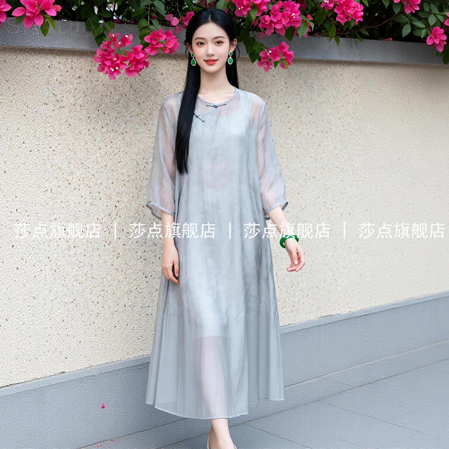 灰色复古新中式连衣裙女夏宽松