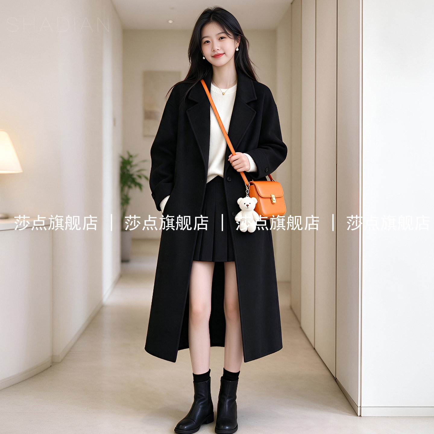 赫本风翻领黑色呢子大衣女冬