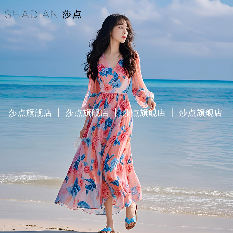 雪纺印花连衣裙女夏长袖气质收腰长裙海边度假长款沙滩裙大摆裙