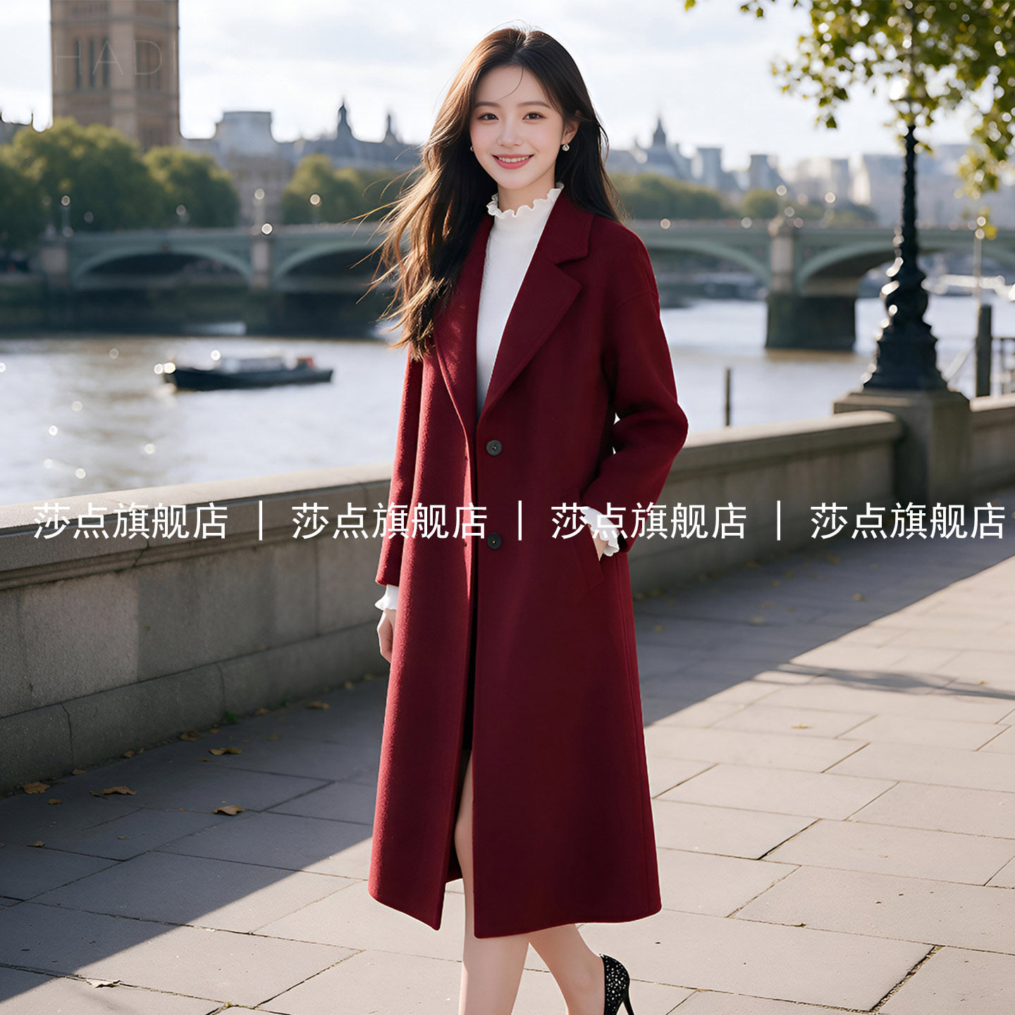单排扣西装领酒红色毛呢外套女冬