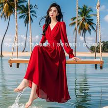 2025新款长袖V领红色连衣裙女夏气质海边度假长裙沙滩裙礼服裙
