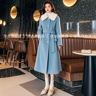 蓝色高级设计感毛呢外套女24秋冬新款气质休闲中长款洋气呢子大衣