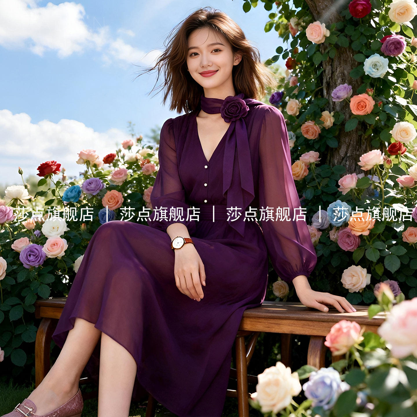 紫色长袖V领薄纱连衣裙女夏