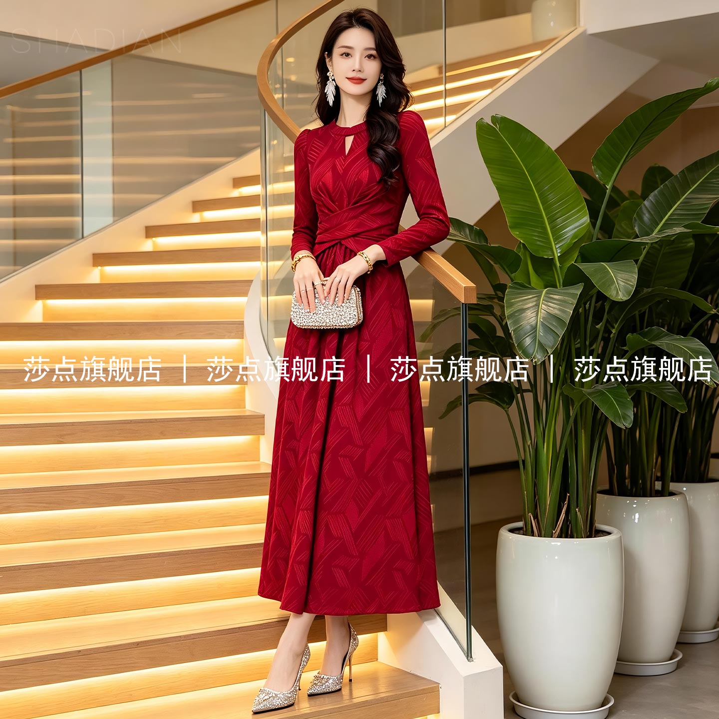 长袖红色连衣裙女春秋