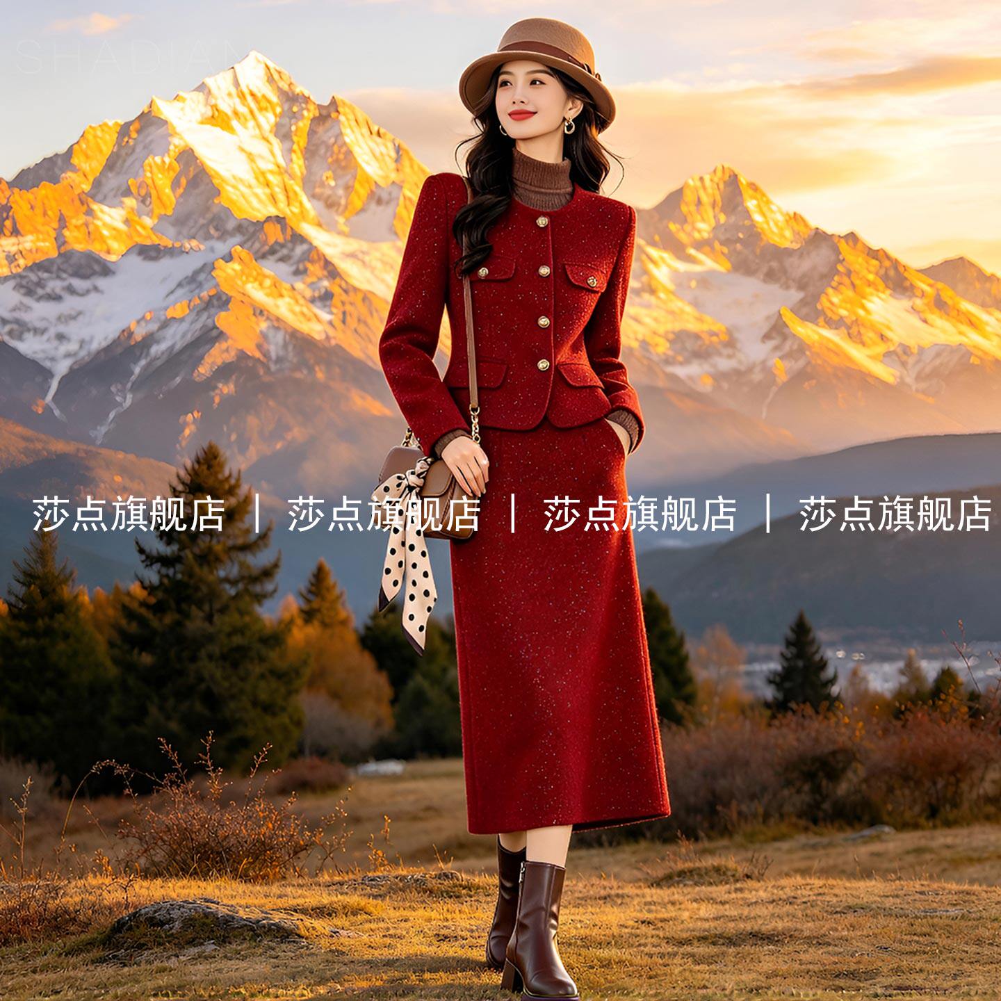 红色休闲小香风套装裙女秋冬