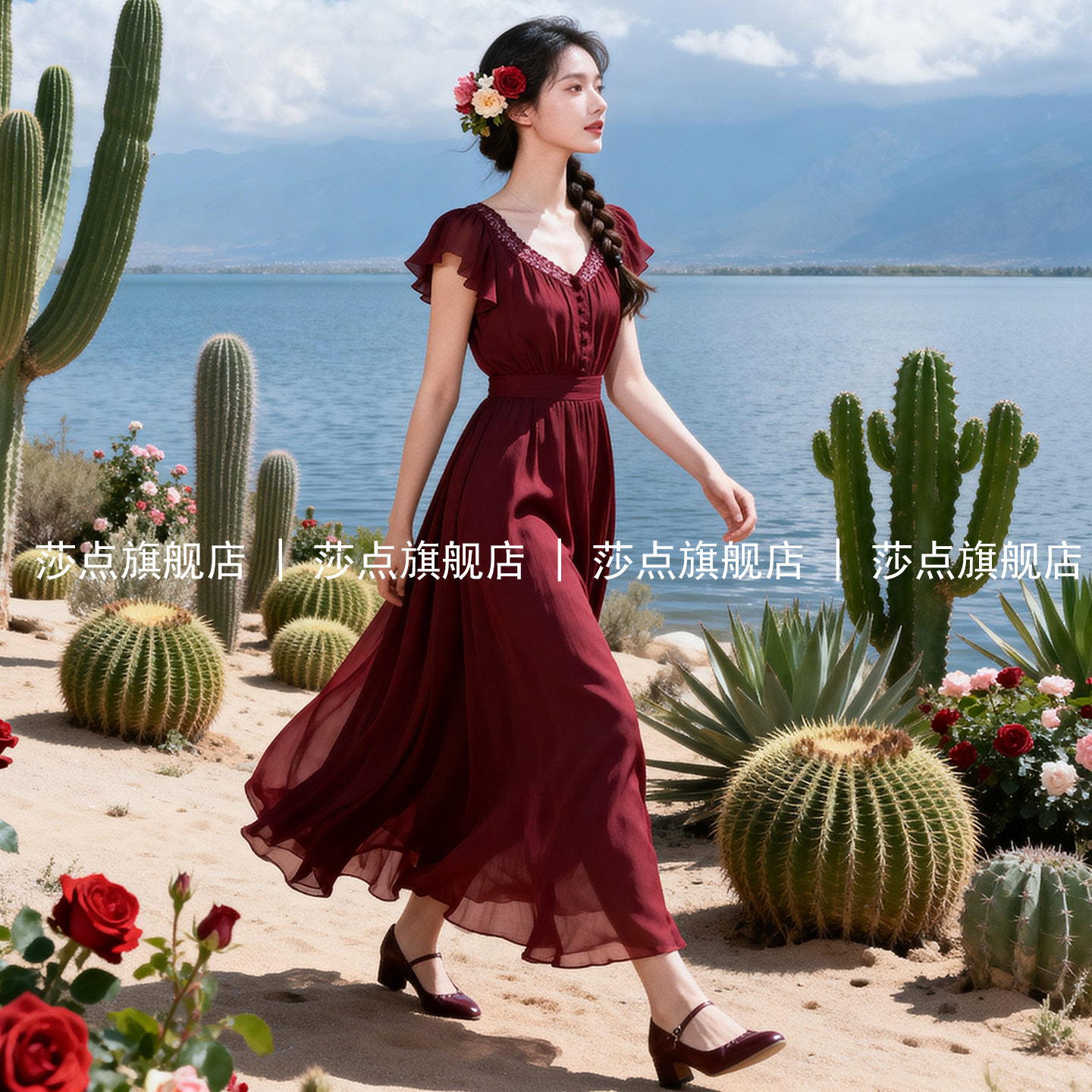 酒红色V领短袖薄纱连衣裙女夏