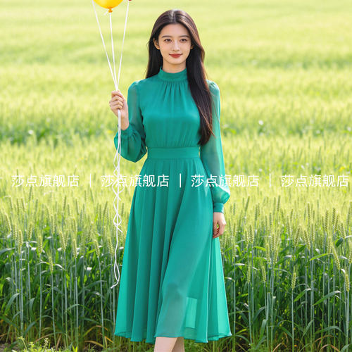 绿色长袖薄纱立领连衣裙女