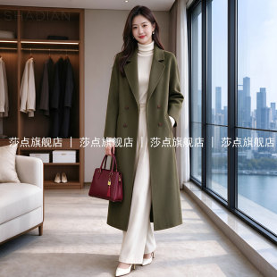 军绿色双排扣毛呢外套女冬季中长款加厚2026新款气质收腰毛呢外套