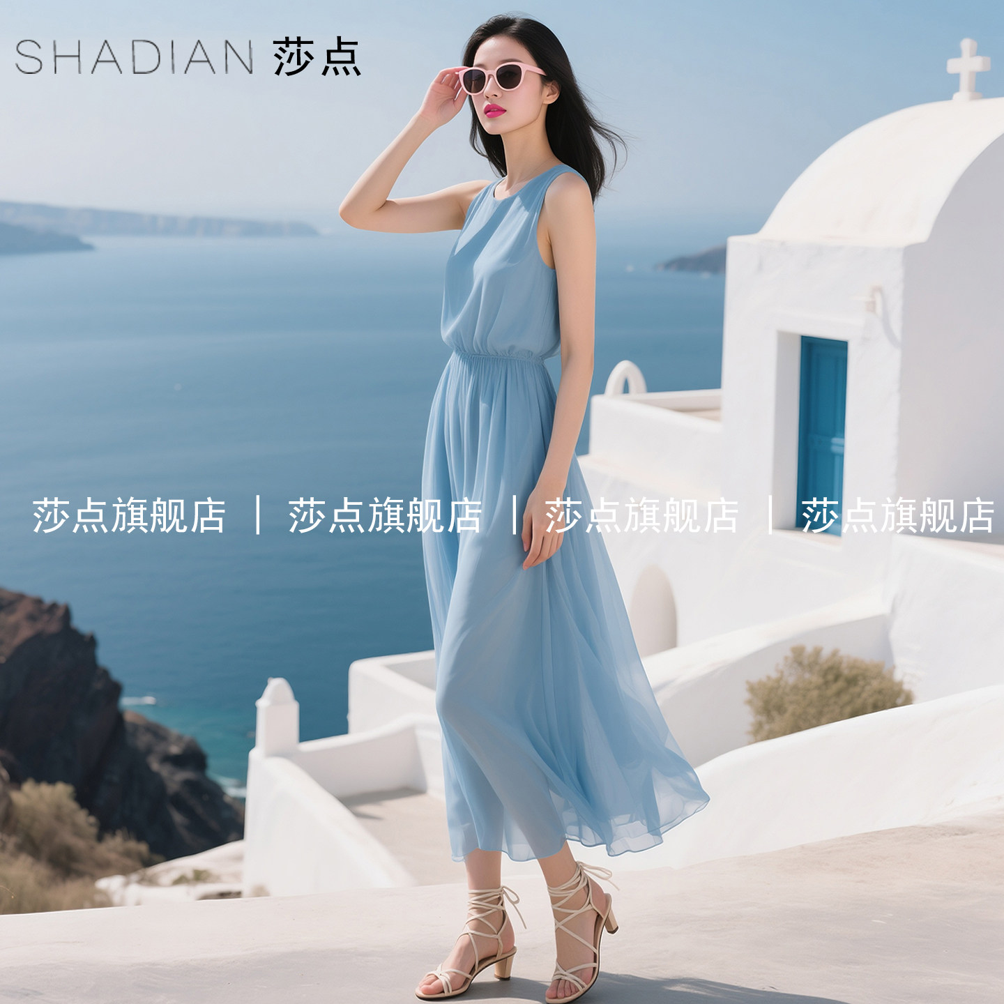 蓝色薄纱无袖连衣裙女夏