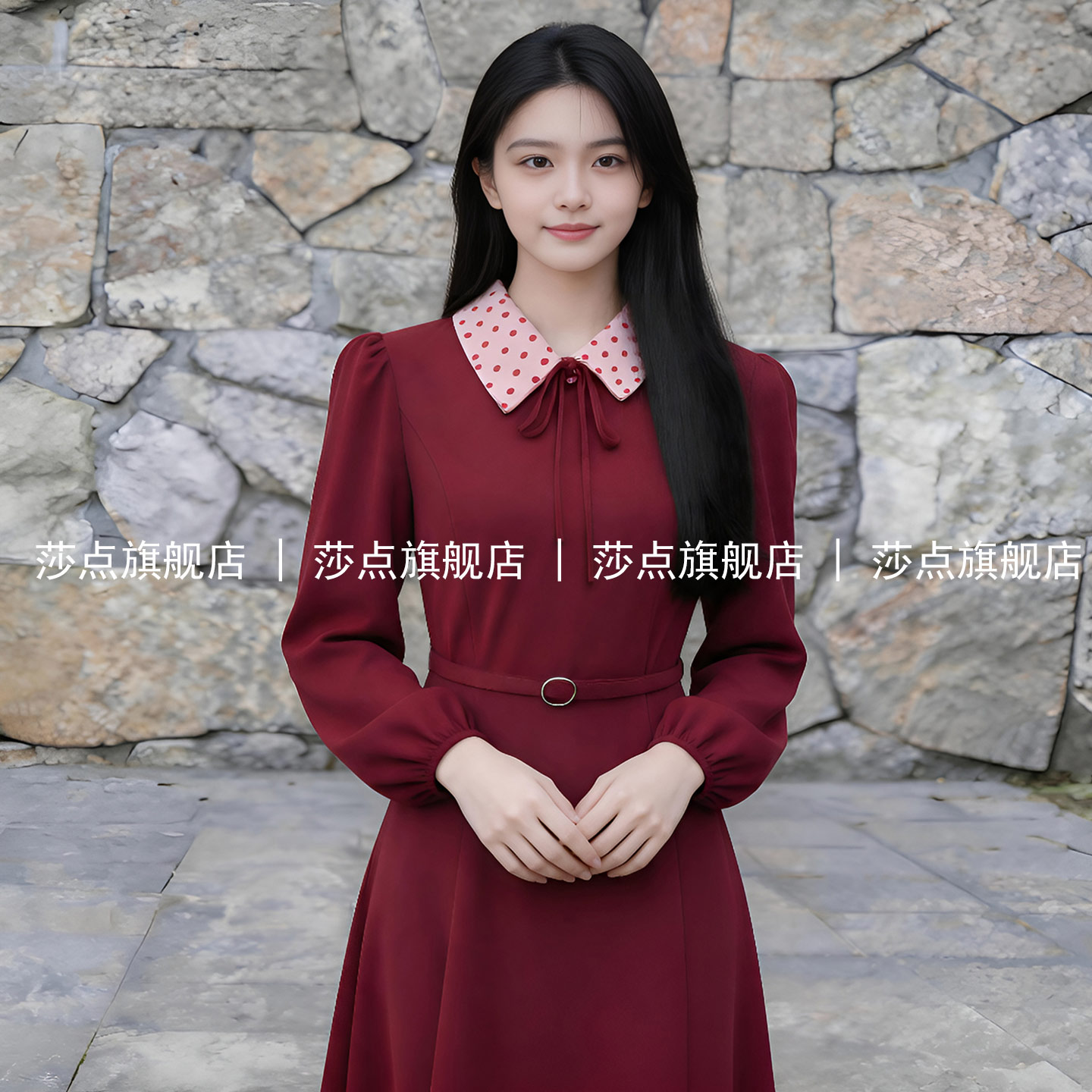 酒红色长袖连衣裙女款