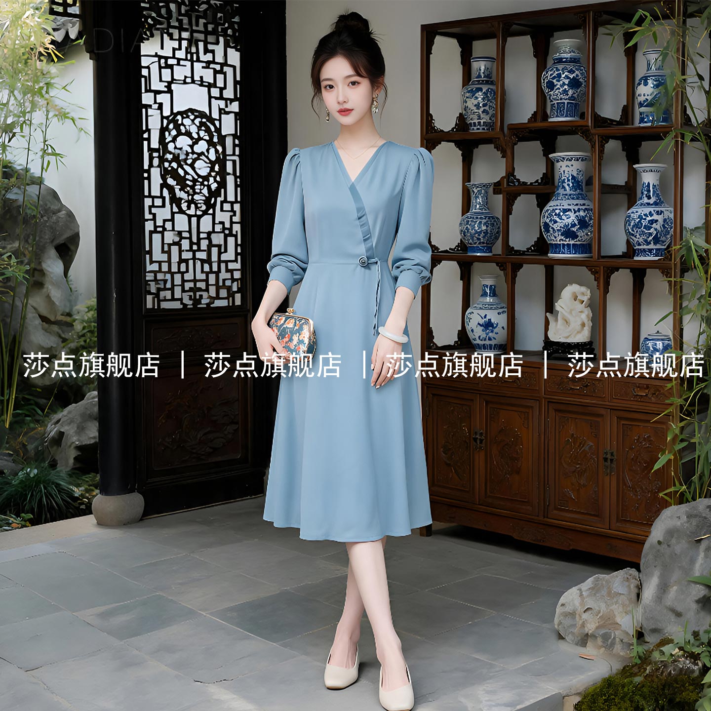 蓝色V领长袖连衣裙女秋