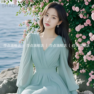 2026绿色薄纱连衣裙女夏雪纺