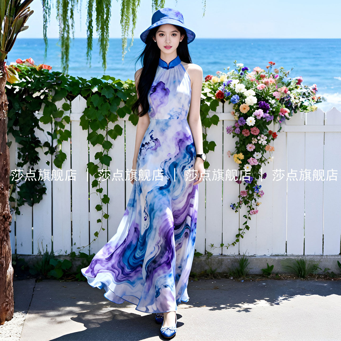 新中式无袖碎花连衣裙女夏长款背心裙薄纱扎染长裙海边度假沙滩裙