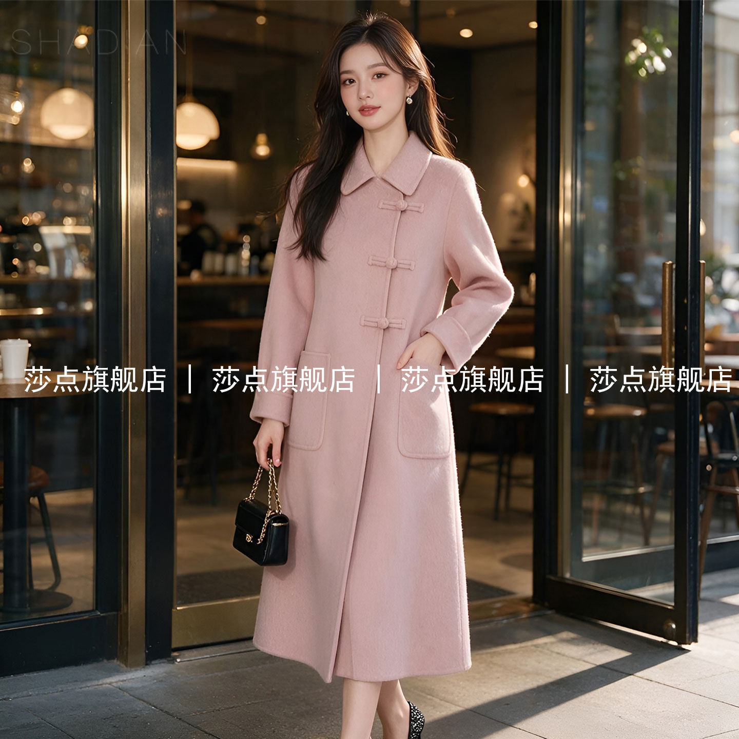 粉色盘扣翻领呢子大衣女冬加厚