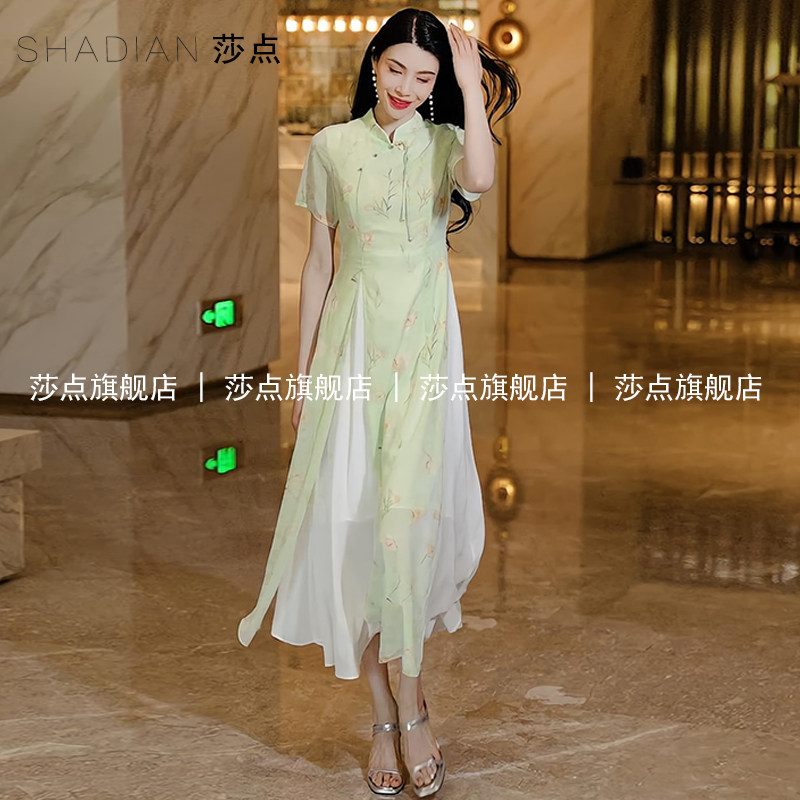 薄纱新中式连衣裙女夏收腰气质