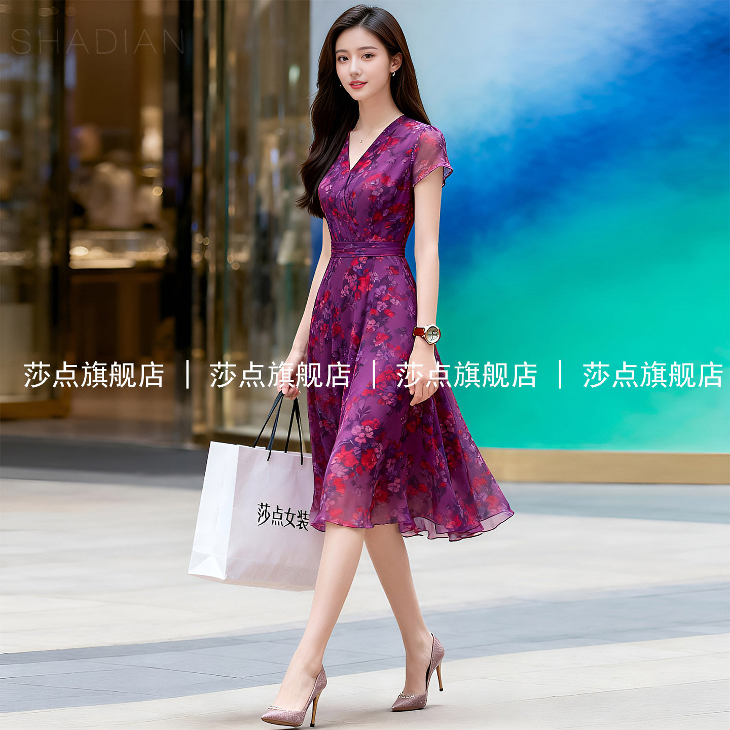 V领短袖碎花裙雪纺连衣裙女夏收腰气质中长款裙子薄纱长裙通勤风