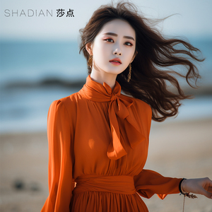橘色雪纺连衣裙超仙法式甜美长裙春秋新款收腰显瘦海边度假沙滩裙