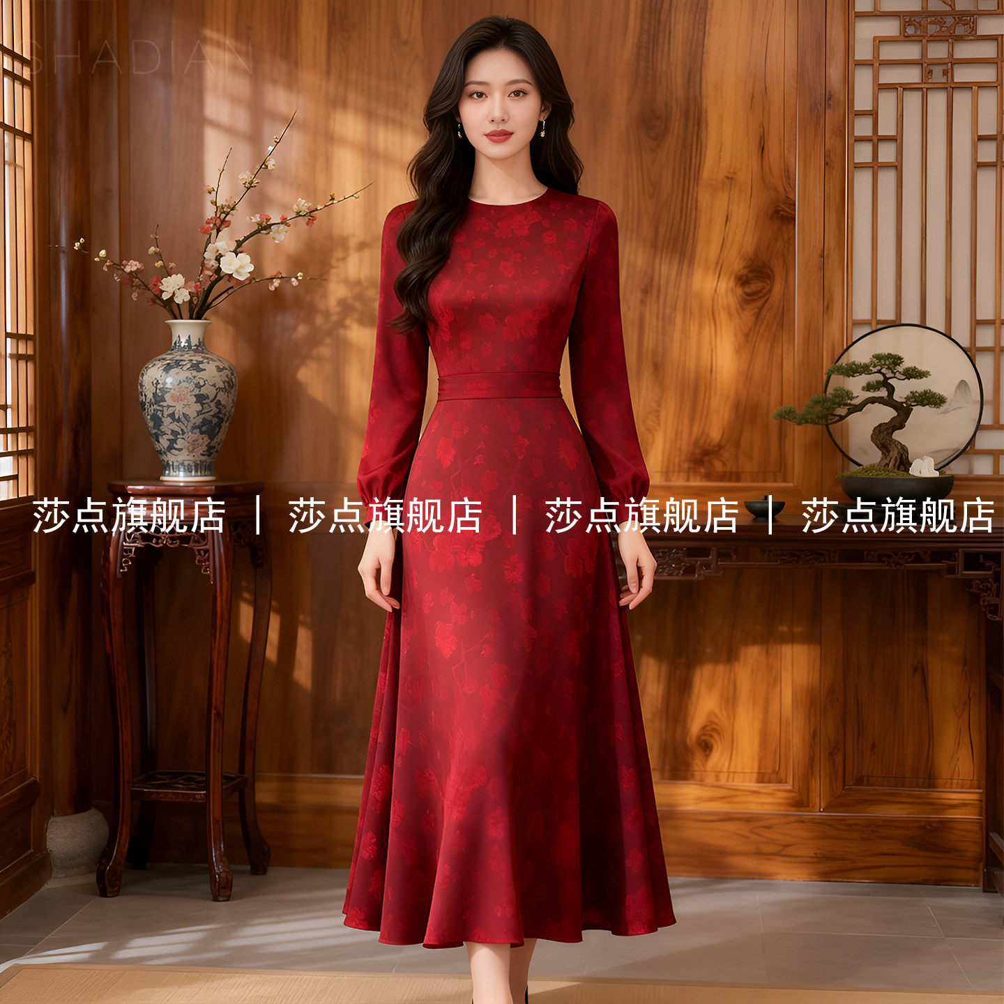 红色长袖碎花连衣裙女2026早春新款气质收腰修身宴会长裙高级感