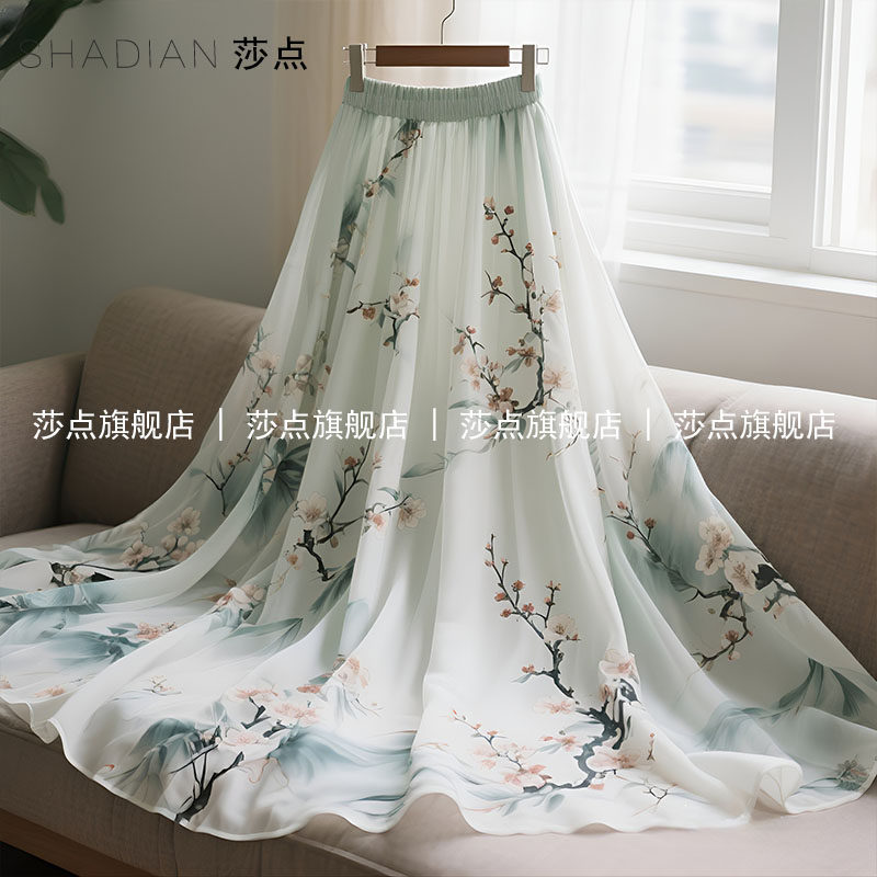 国风水墨印花雪纺半身裙女夏高腰薄纱长裙百褶裙半裙纱裙垂坠感