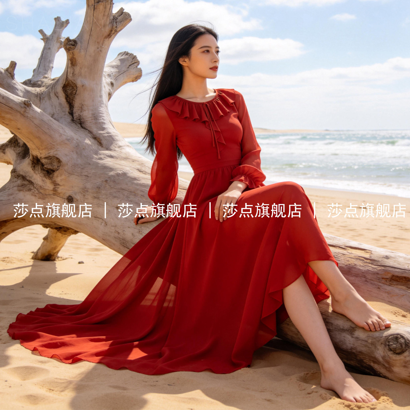 长袖红色雪纺连衣裙女夏2