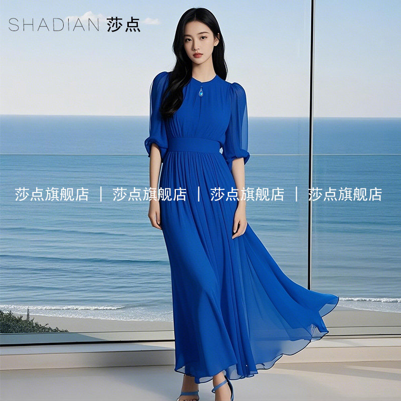 蓝色雪纺薄纱连衣裙女夏长款度假风长裙气质沙滩裙多巴胺掐腰裙