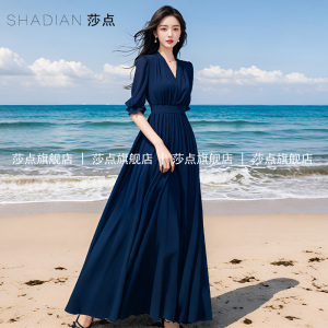 藏蓝色V领雪纺连衣裙女夏长裙