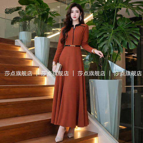 橘色长袖连衣裙女春秋