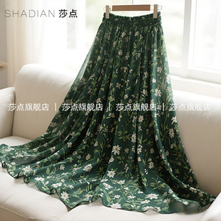 碎花裙薄纱半身裙长款 高腰百褶裙雪纺绿色长裙垂坠感 女夏2026新款