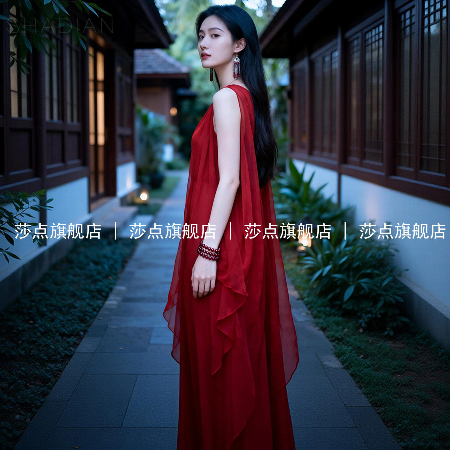 红色V领无袖雪纺连衣裙女夏