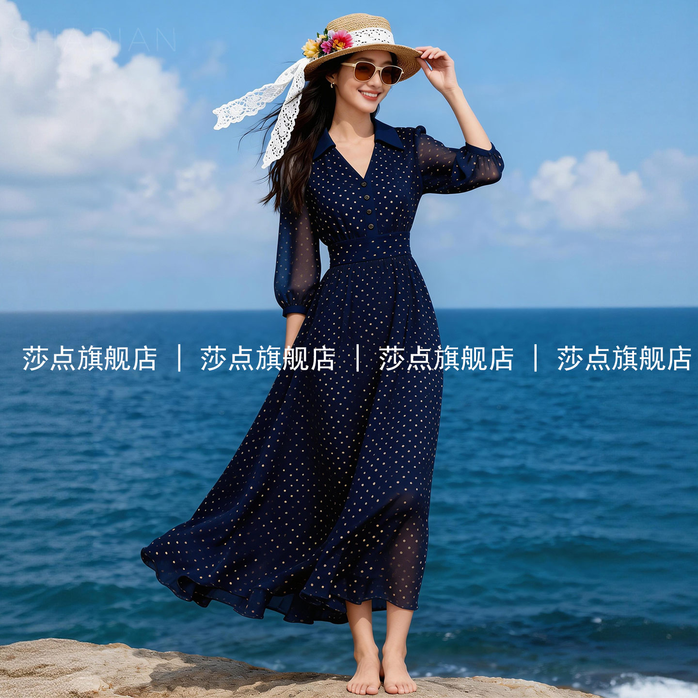 V领波点连衣裙女夏雪纺长款长裙