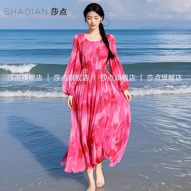 玫红色雪纺碎花连衣裙女夏收腰长裙收腰裙子海边度假沙滩裙大摆裙