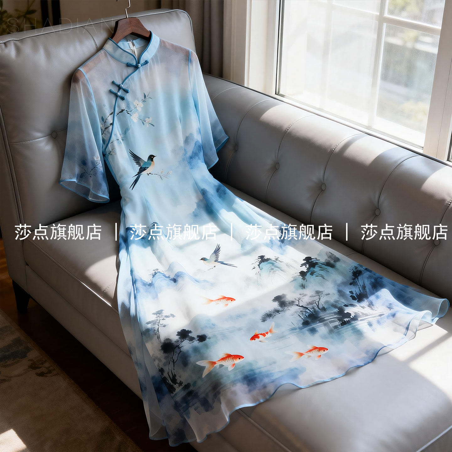 蓝色短袖薄纱新中式国风连衣裙女夏古风搭配雪纺长裙长款雪纺长裙