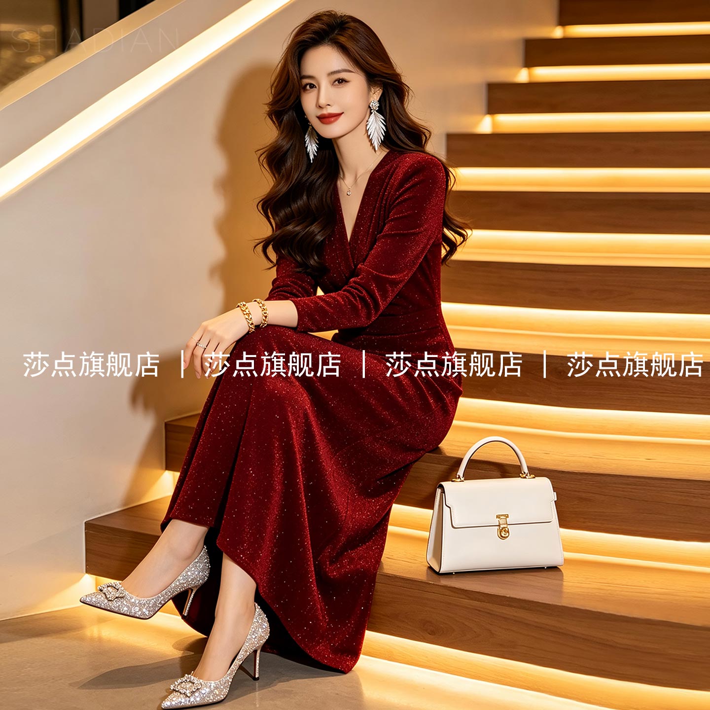 酒红色V领长袖连衣裙女