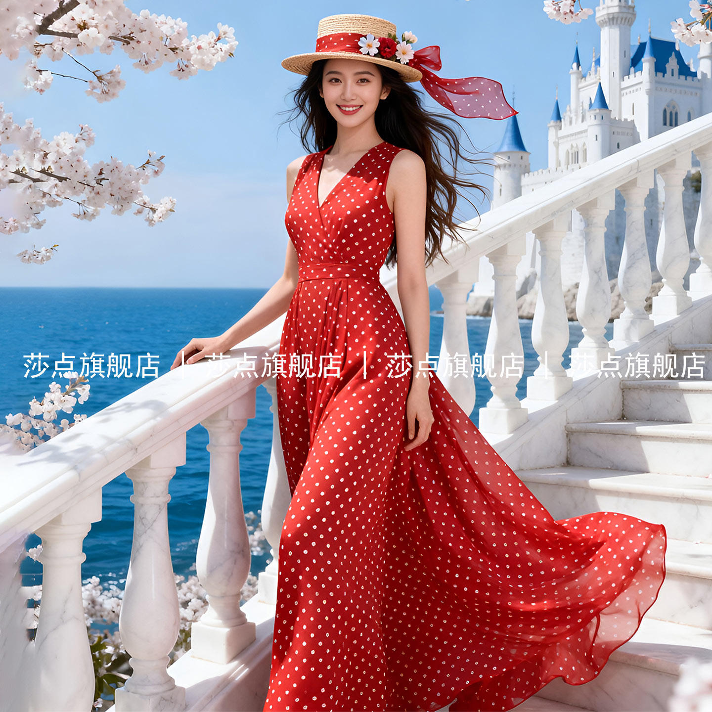 V领无袖红色波点薄纱连衣裙女夏海边度假沙滩裙背心裙雪纺长裙