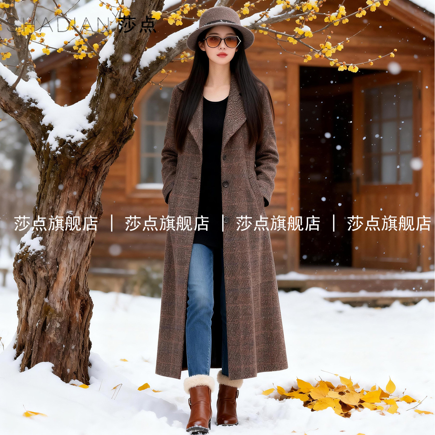 咖色格子毛呢外套女冬加厚中长款