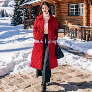 高级气质菱格棉衣中长款女秋冬加厚轻薄保暖棉服结婚外套红色外搭