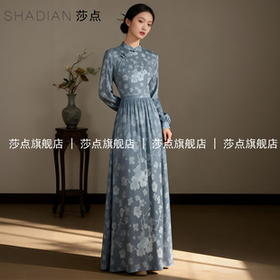 2026春季新款长袖新中式印花旗袍连衣裙气质修身长裙高级感礼服裙