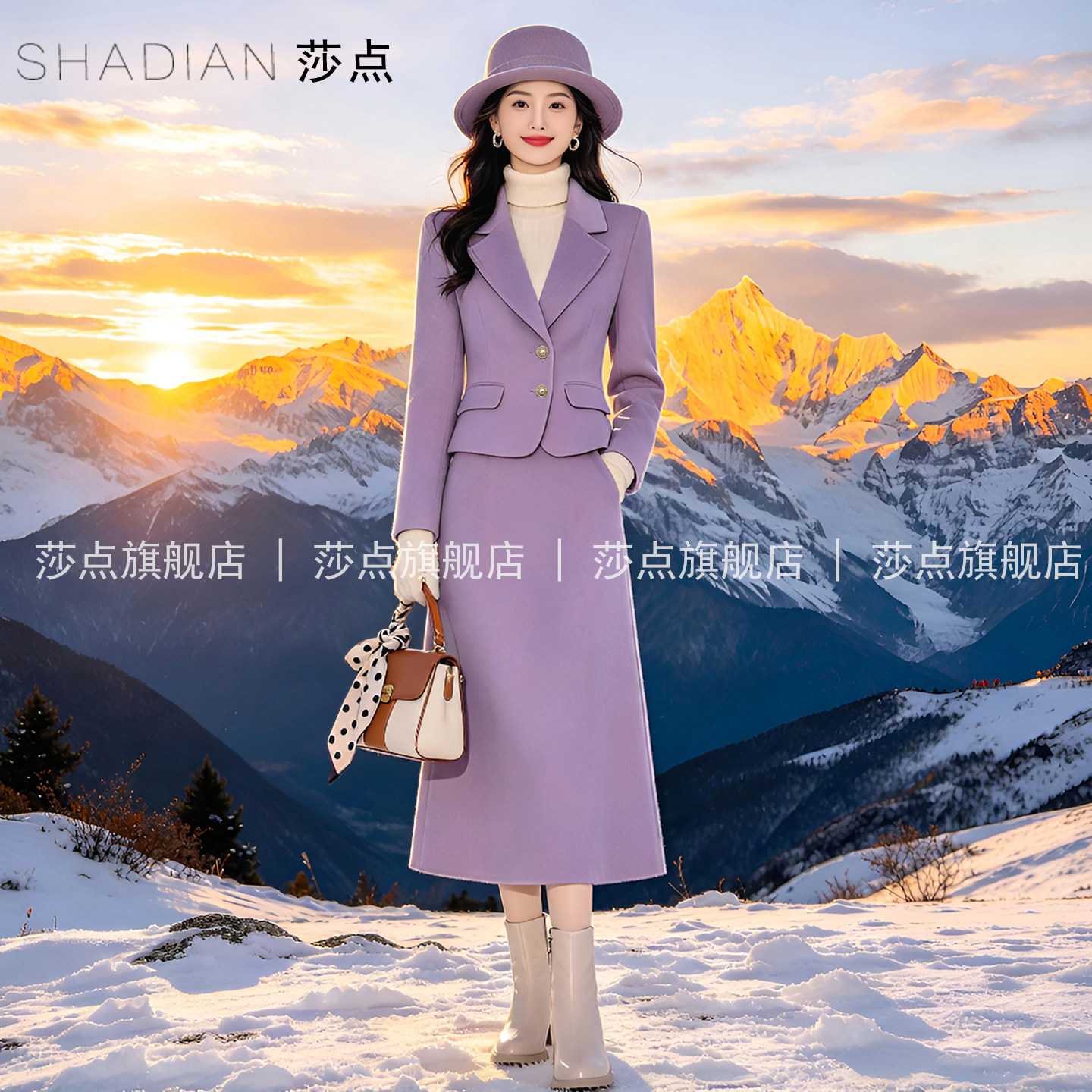 紫色休闲西装套装裙女秋冬