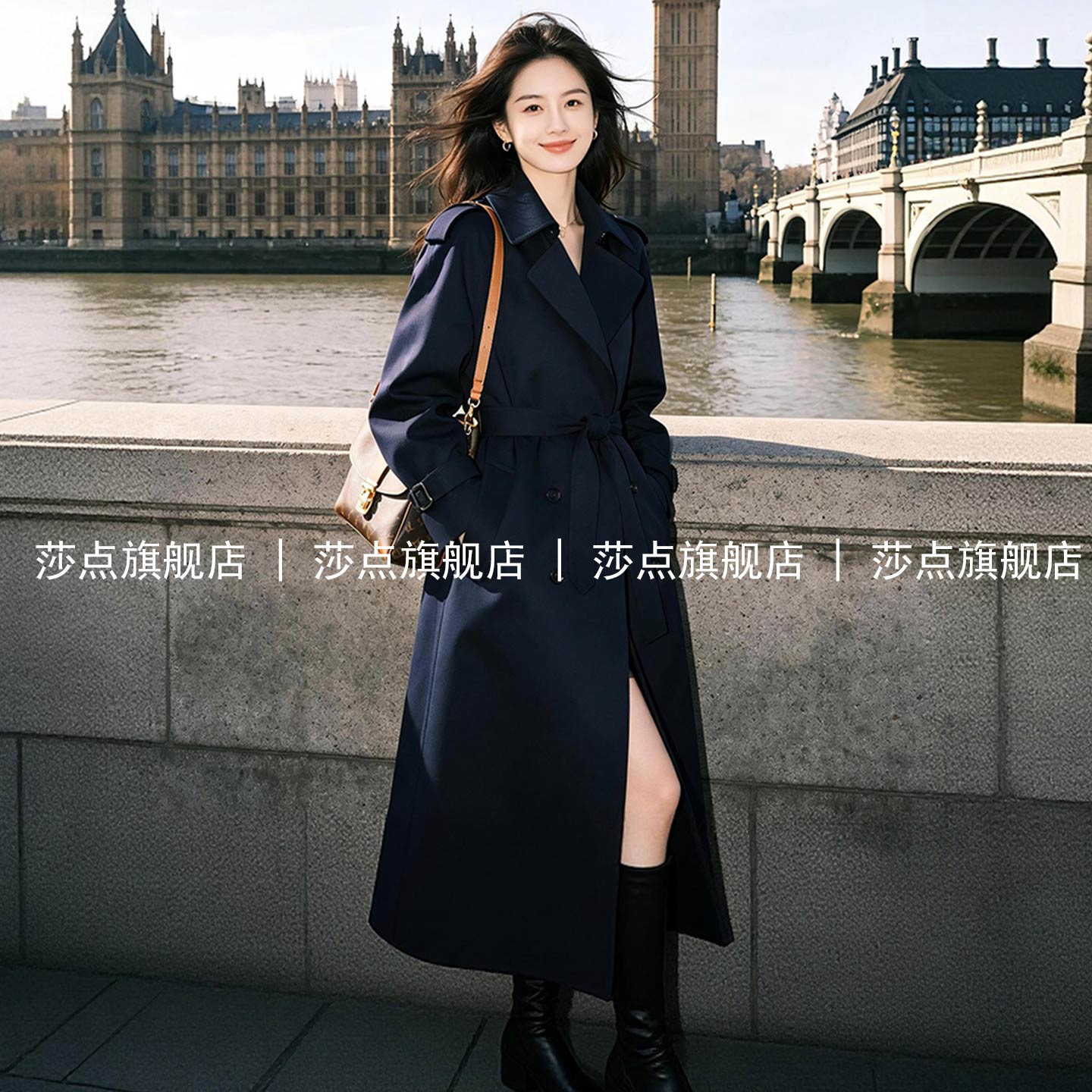 藏蓝色双排扣风衣女中长款秋季