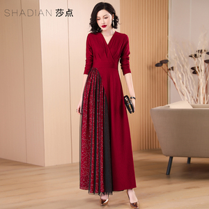 碎花连衣裙2026年春秋红色大摆裙长袖长裙长款到脚踝喜婆婆婚宴装