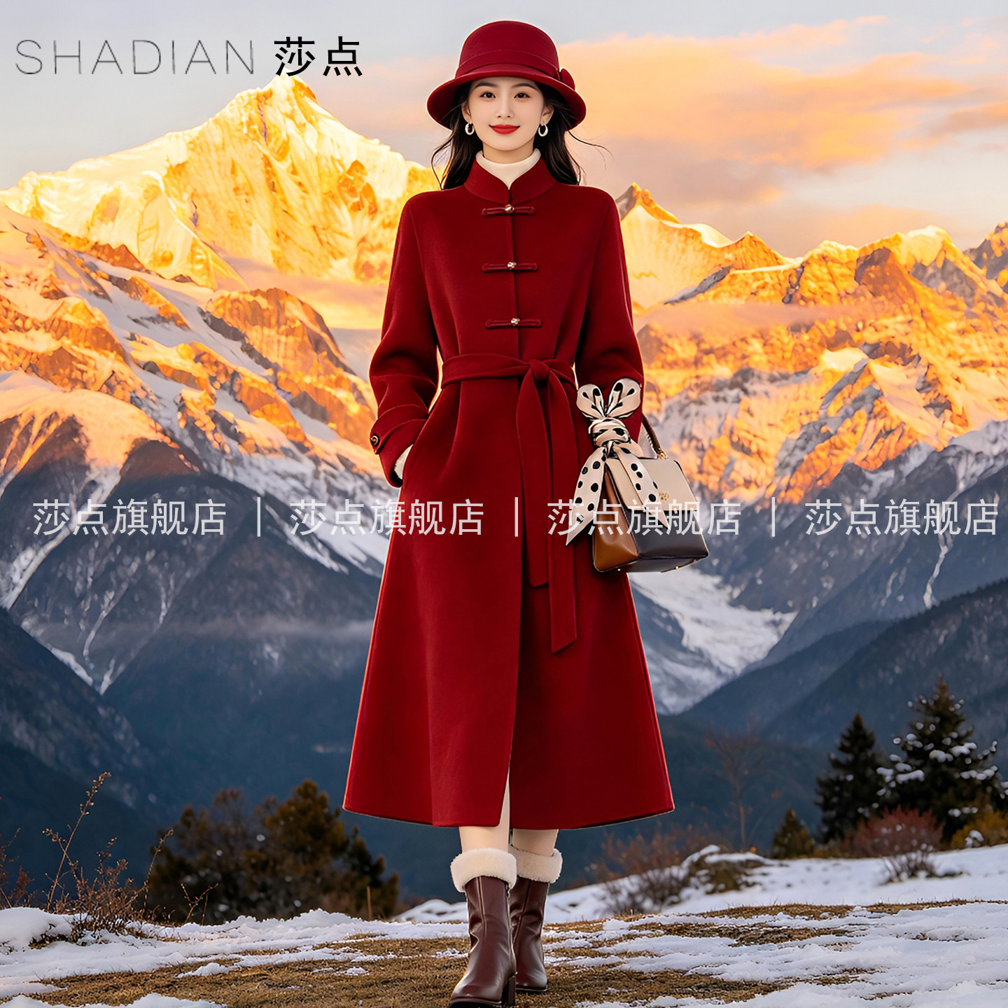 红色单排扣毛呢外套女秋冬