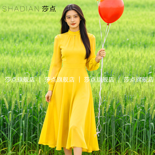 长袖黄色薄纱连衣裙女2026早春新款气质雪纺长裙海边度假沙滩裙