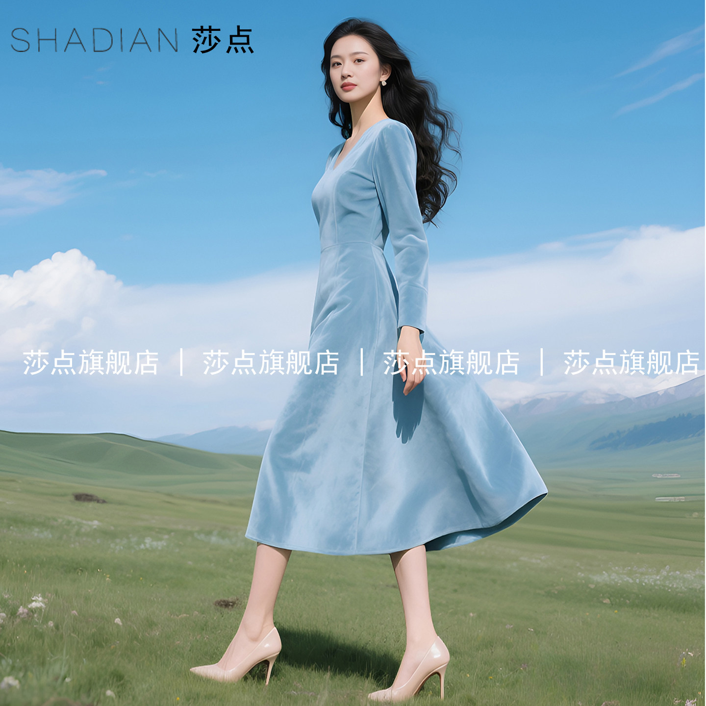 蓝色V领长袖连衣裙女春秋